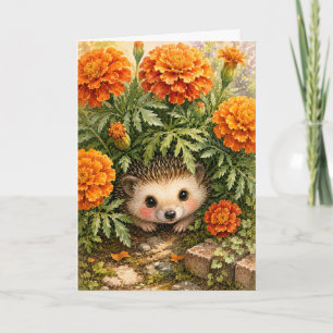 Peekaboo Hedgehog Marigold Garden Watercolor Blank Card