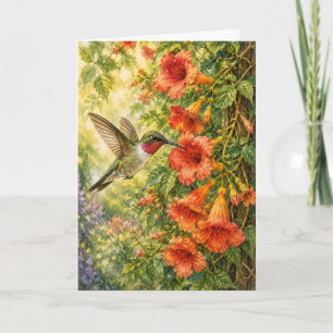 Peekaboo Hummingbird Trumpet Vine Watercolor Blank Card