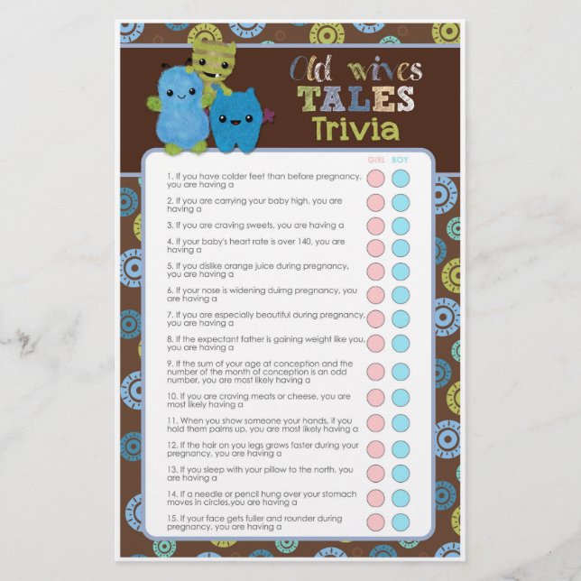 PeekaBoo Monsters Baby Shower Game Old Wives' Tale Flyer (Front)