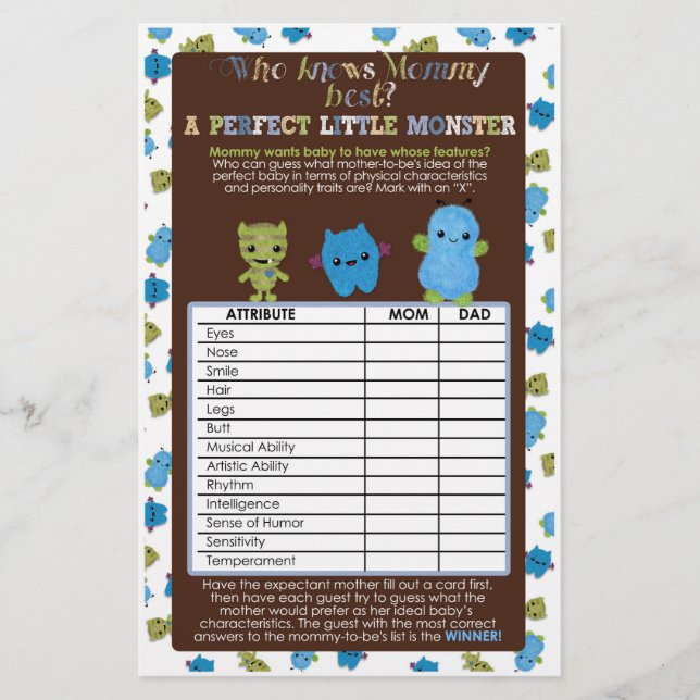PeekaBoo Monsters Baby Shower Game Perfect Baby (Front)
