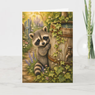 Peekaboo Racoon Rain Barrel Watercolor Blank Card