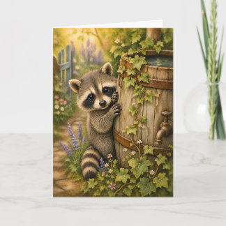Peekaboo Racoon Rain Barrel Watercolor Blank Card
