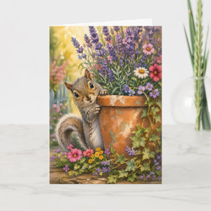 Peekaboo Squirrel Flower Pot Watercolor Blank Card
