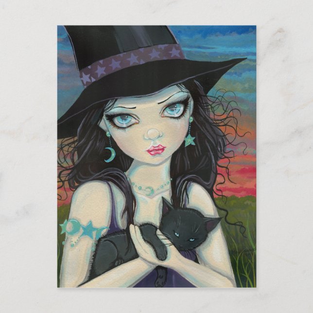 Peekaboo Witch and Cat Big Eye Art Postcard (Front)