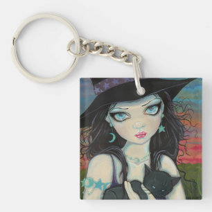 Peekaboo Witch and Cat Halloween Fantasy Art Key Ring