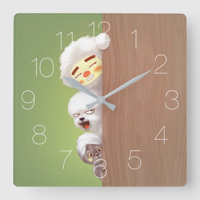 Peeking Animals Trio Square Wall Clock (Front)