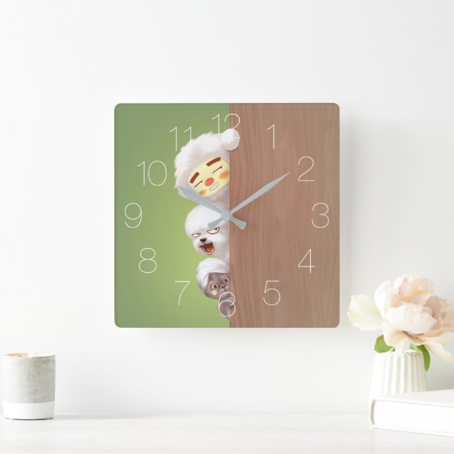 Peeking Animals Trio Square Wall Clock (Home)