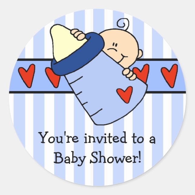 Peeking Baby Boy & Bottle Baby Shower Sticker (Front)