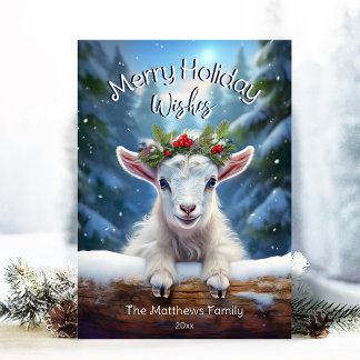 Peeking Baby Goat Winter Wonderland Forest Merry Holiday Card