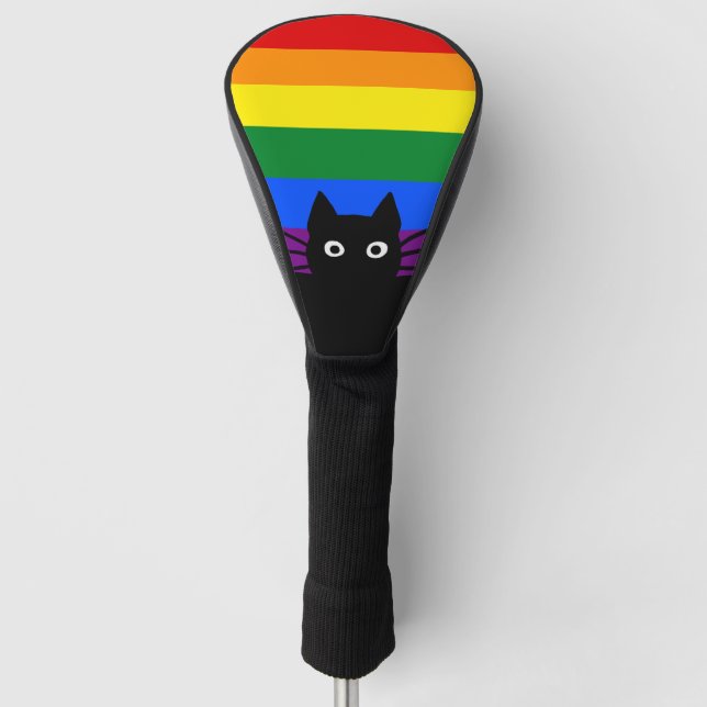 Peeking Black Cat Rainbow Flag Golf Head Cover (Front)