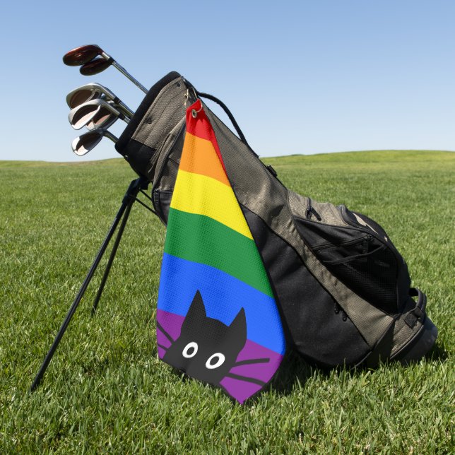 Peeking Black Cat Rainbow Flag Golf Towel (Green)