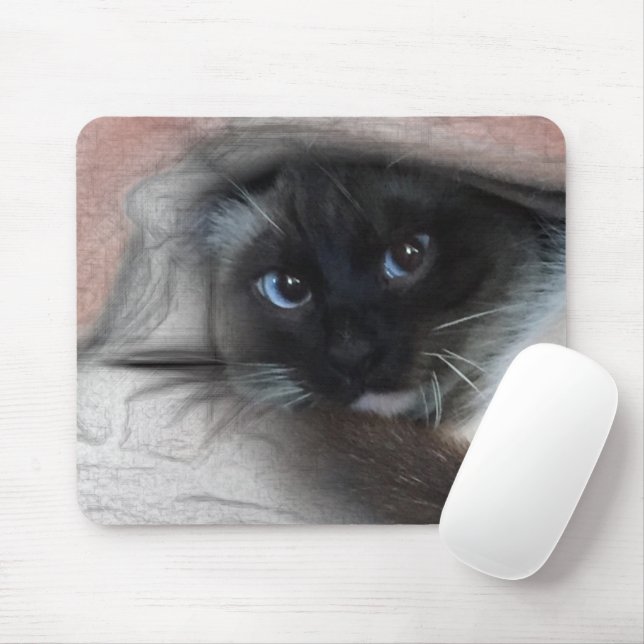 Peeking Blue Eyed Siamese Kitten Sketch Art Mouse Mat (With Mouse)