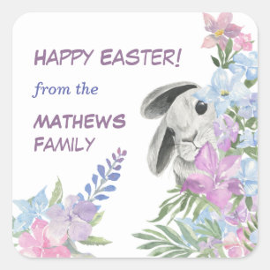 Peeking Bunny Floral Bouquet Easter Square Sticker