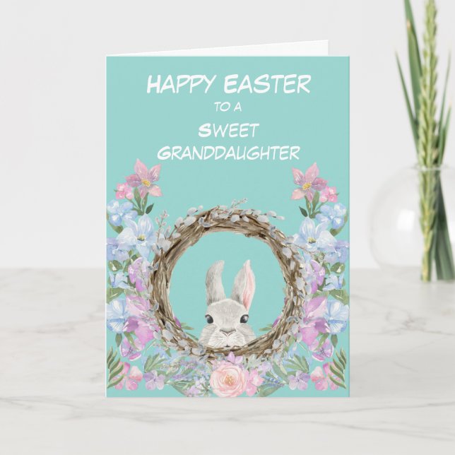 Peeking Bunny Wreath Granddaughter Easter Card (Front)