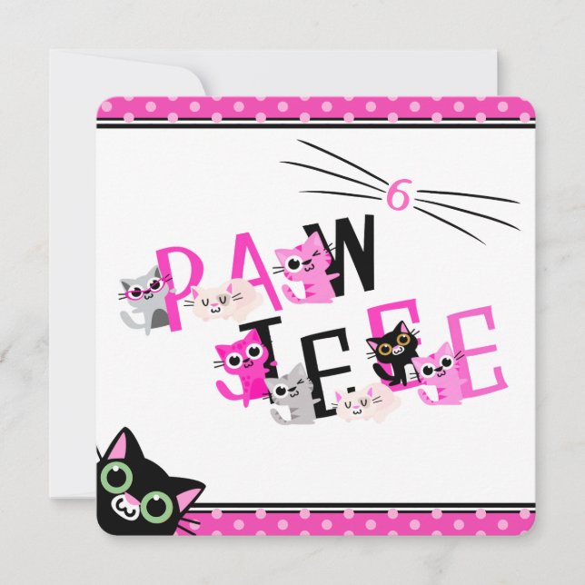 Peeking Cats Pink Polka Dot Party Invitation (Front)