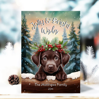 Peeking Chocolate Lab Jolly & Bright Rustic Forest Holiday Card