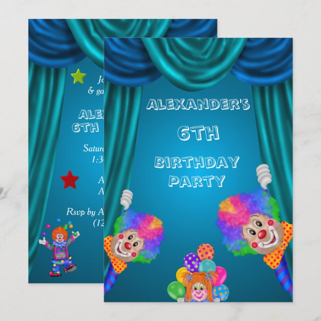 Peeking Clowns Boy's 6th Birthday Double Sided Invitation (Front/Back)