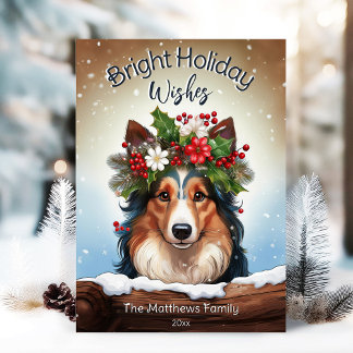 Peeking Collie Bright Wishes Winter Pet Portrait Holiday Card