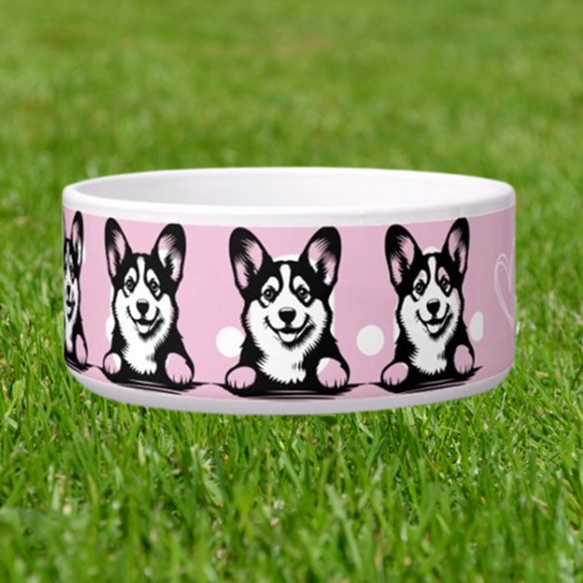 Peeking Corgi Customise pink theme (Trendy  Custom Dog Name Bowl)
