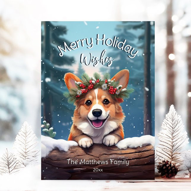 Peeking Corgi Winter Wonderland Merry Christmas Holiday Card (Adorable Winter Snowy Scene With Peeking Dogs or Farm/Woodland Animals - Over 50 to Choose From!)