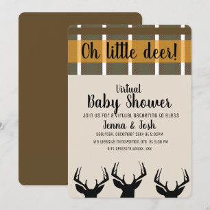 Peeking Deer Antlers Plaid Virtual Baby Shower Invitation