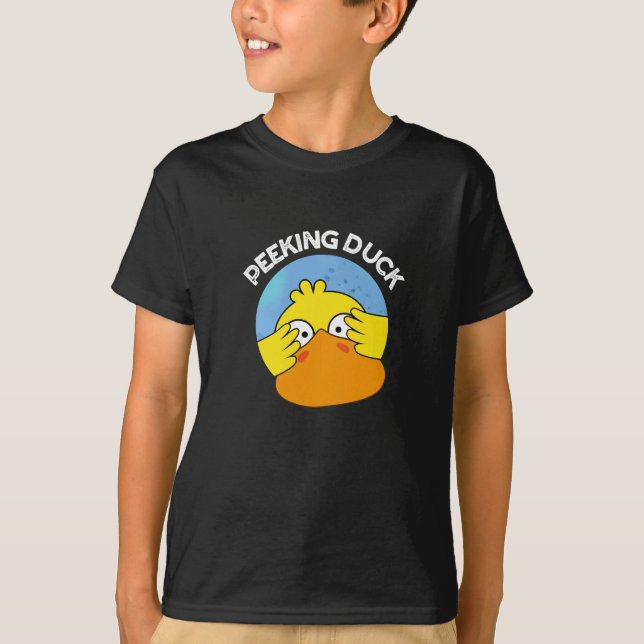 Peeking Duck Funny Animal Chinese Dish Pun Dark BG T-Shirt (Front)