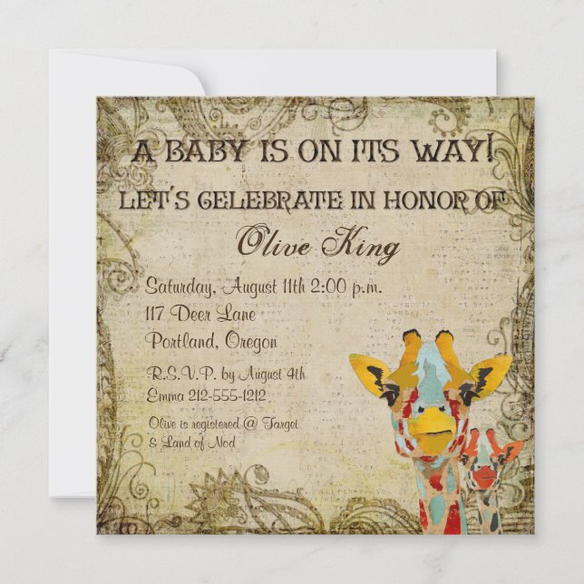 Peeking Giraffes Shabby Baby Shower Invitation (Front)