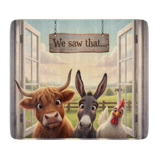 peeking highland cow and donkey cutting board