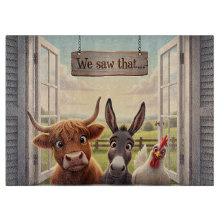peeking highland cow and donkey cutting board