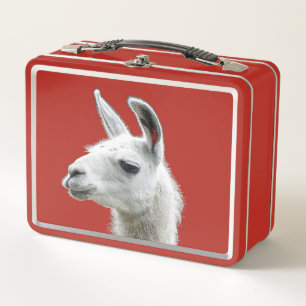 Peeking Llama Portrait on a Deep Red Background Metal Lunch Box