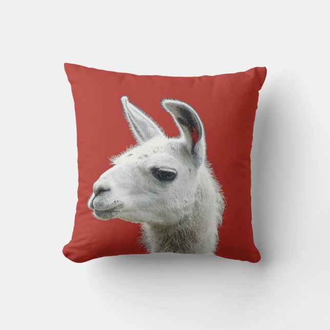 Peeking Llama Portrait on a Deep Red Cushion (Front)