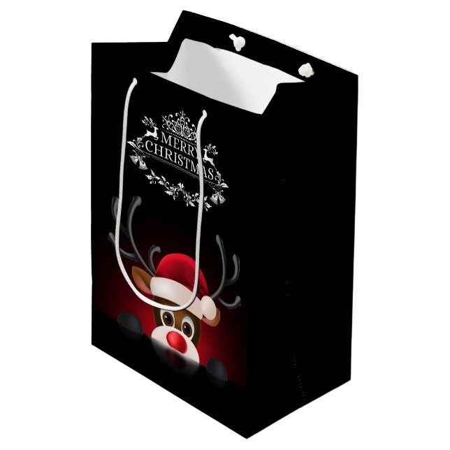 Peeking Rudolph Black Christmas Gift Bag (Front Angled)