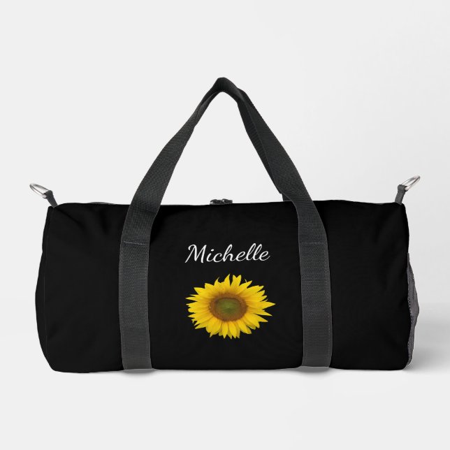 Peeking Sunflower Elegant Botanical Black Duffle Bag (Front)