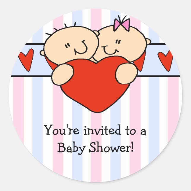 Peeking Twins & Heart Baby Shower Sticker (Front)
