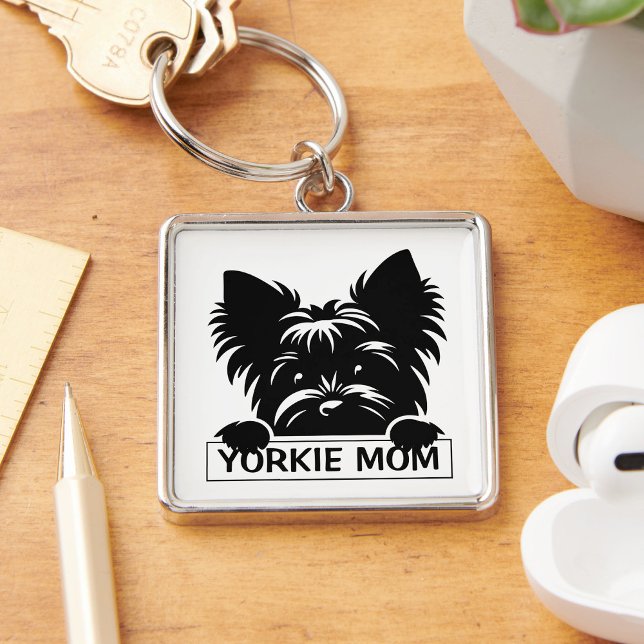 Peeking Yorkie Black Silhouette Yorkie Mum  Key Ring (Creator Uploaded)