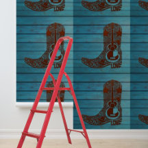 Peel and Stick brown cowboy boot western blue wood