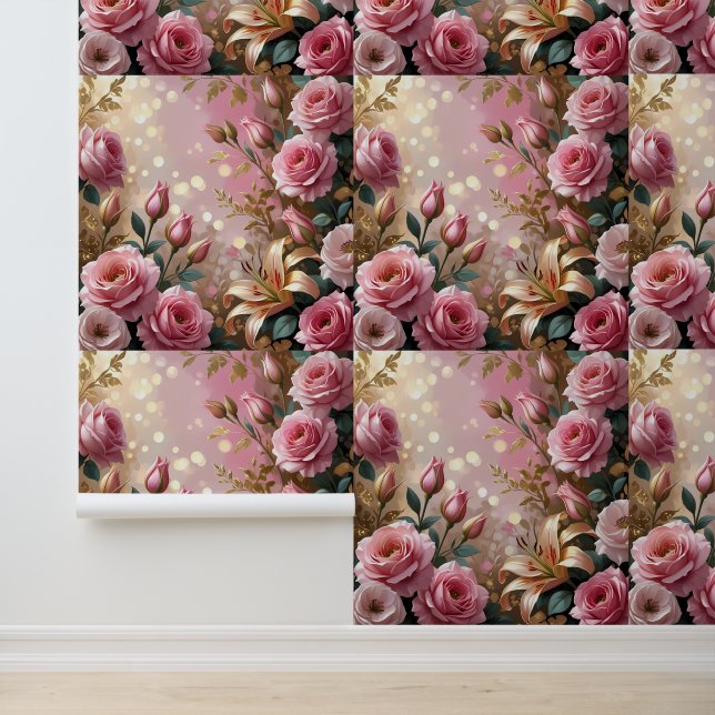 Peel and Stick Pink Gold Floral Rose Lily Dream  Wallpaper (Application)