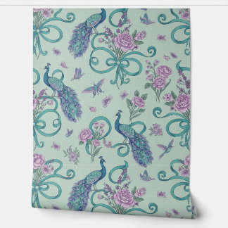 Peel and Stick Wallpaper – Elegant Peacock Ribbons