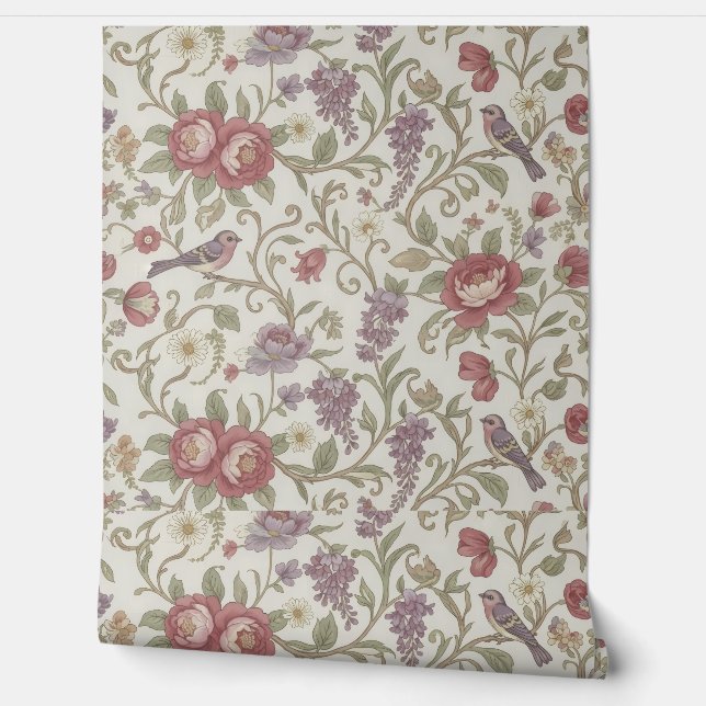 Peel and Stick Wallpaper – Vintage Floral Birds (Unrolling)