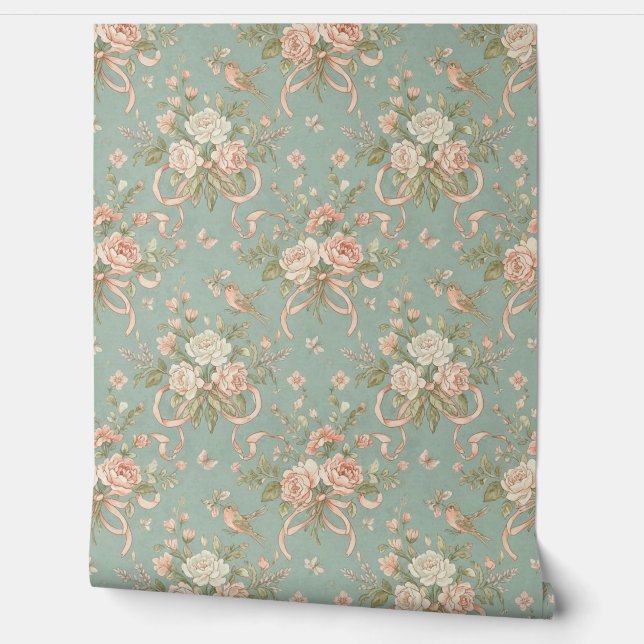 Peel and Stick Wallpaper – Vintage Roses, Birds (Unrolling)