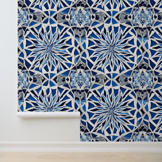 Peel Stick Blue White Mosiac Geometric Pattern Wallpaper