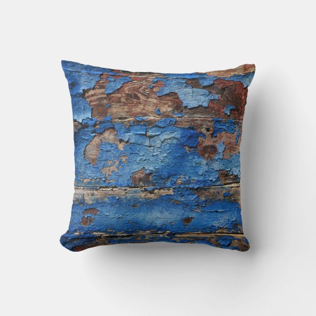 Peeling Blue Paint from Rustic Wood Cushion (Front)