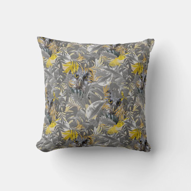 Peeping sparkling Owl eyes & Grey - yellow leaves Cushion (Front)