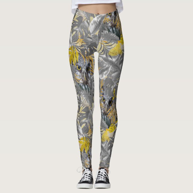 Peeping sparkling Owl eyes & Grey -  yellow leaves Leggings (Front)