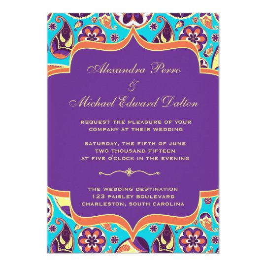 Peerless Paisley Orange & Aqua Wedding Invitation