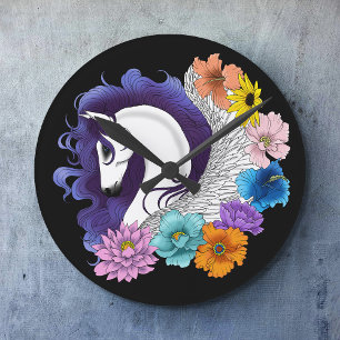 Pegasus Black Floral Round Clock