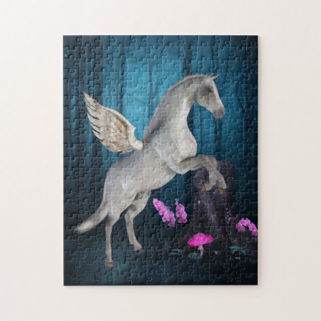 Pegasus Blue Forest Fantasy Horse Art Jigsaw Puzzle (Vertical)
