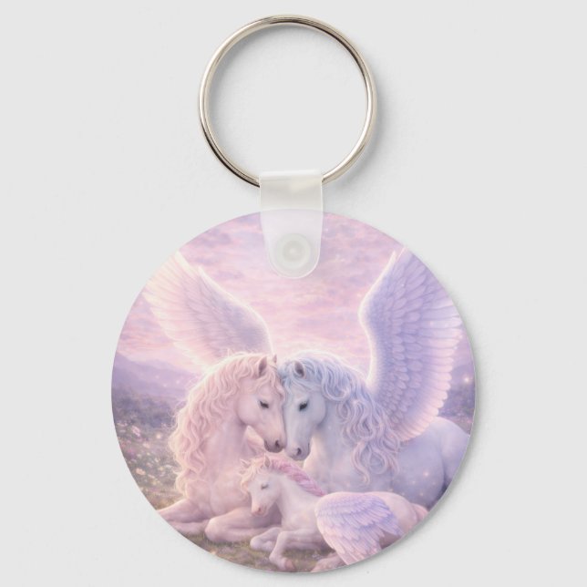 Pegasus Family – Soft Pastel Fantasy Canvas Art Key Ring (Front)