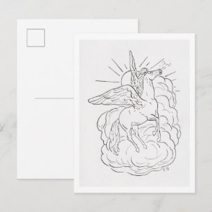 Pegasus flies in front of a cloud postcard