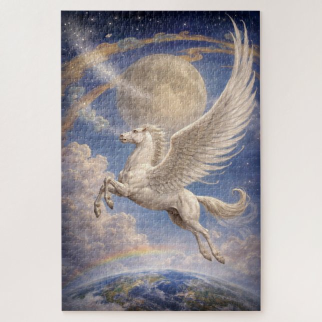 Pegasus Flying Between Earth And Moon Fantasy Art Jigsaw Puzzle (Vertical)